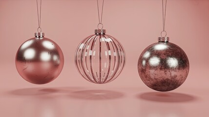 A close-up, eye-level shot showcases three distinct Christmas ornaments hanging in a row against a soft, blush pink, slightly textured background.