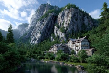Fototapeta premium Mountain resort nestled by calm lake surrounded by tall trees and rocky cliffs during a clear day