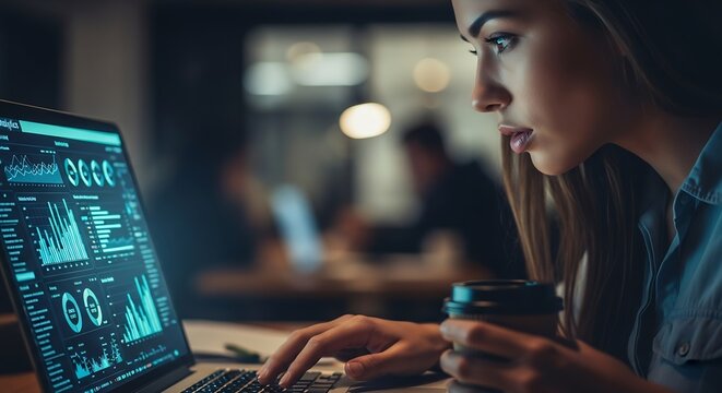 Focused businesswoman analyzes data dashboards on laptop with coffee in hand, driving innovation and strategic decision making in a modern office setting