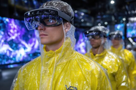 Visitors experience virtual reality in bright yellow raincoats at a technology exhibition