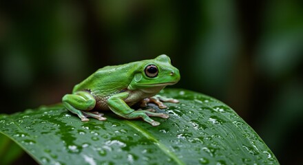 Fototapeta premium Emerald Jewel, A Green Tree Frog's Serene Moment on a Dew-Kissed Leaf