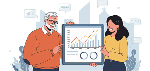 A senior businessman and a young businesswoman analyzing a successful financial growth report with charts and graphs on a digital tablet