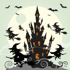 Fototapeta premium Whimsical Halloween Night Scene with Silhouetted Castle Witches and Bats