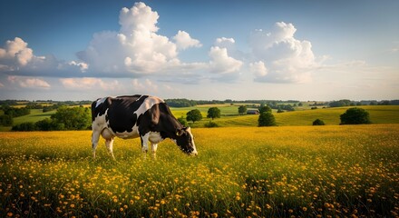 Cow grazing in a vibrant meadow under a vast sky with a rural backdrop of tranquility