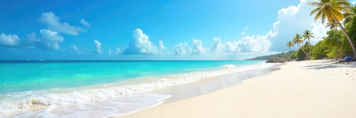 Fototapeta premium Sun-drenched beach scene featuring pristine white sand, gentle waves lapping the shore, and a clear blue sky Perfect for travel, vacation, or summer themes , background, heat