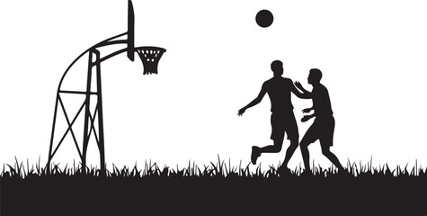 Two men playing basketball on a grassy field silhouette