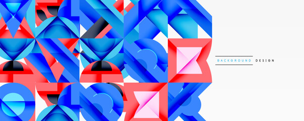 Fototapeta premium Abstract geometric shapes, blue and red hues, layered design. Modern aesthetic, clean lines, vibrant colors, minimalist style.