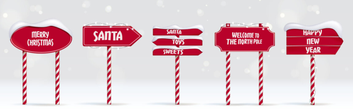 Christmas arrow sign posts set isolated on white background. Vector realistic illustration of red direction indicators with snow and garland lights, road to Santa, North Pole candy cane pointers