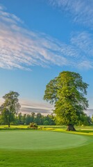 Fototapeta premium golf. Ancient golf course green glowing in morning light, manicured grass surface. event key visuals, club posters, designed for fitness apps and gym onboarding, used by fitness trainers. 