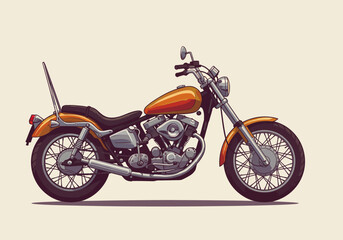 Fototapeta premium Classic Orange Motorcycle Illustration with Detailed Engine and Spoked Wheels.
