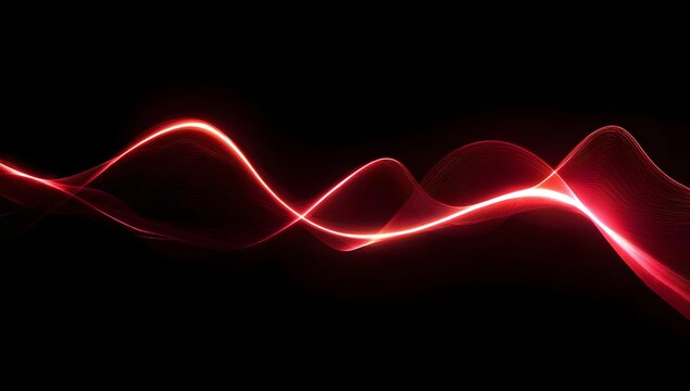 Vibrant glowing red energy wave flowing and oscillating across a dark abstract background with subtle light trails and dynamic motion effects