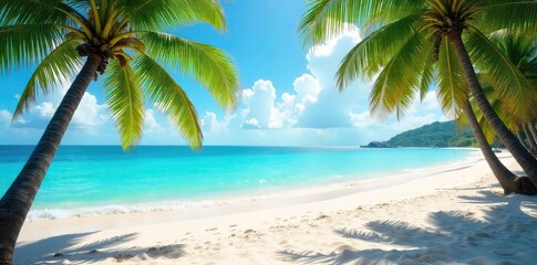 Obraz premium Sun-drenched beach, turquoise water, palm trees swaying gently in the breeze Perfect for a relaxing holiday getaway Seashells, sandcastles, tropical paradise , sun, coast