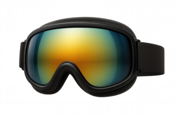 Black ski goggles with reflective orange and blue lens providing eye protection for winter sports