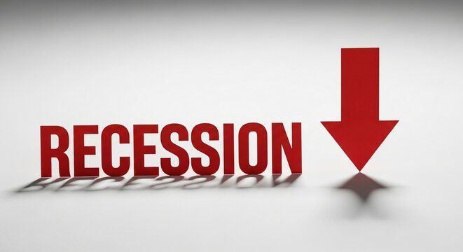 The word Recession in bold red 3D letters with a large downward pointing arrow symbolizing economic decline.