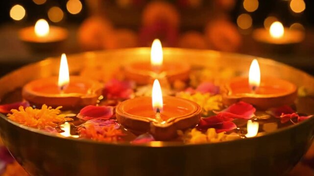 Floating candles with flower petals in decorative bowl at night  