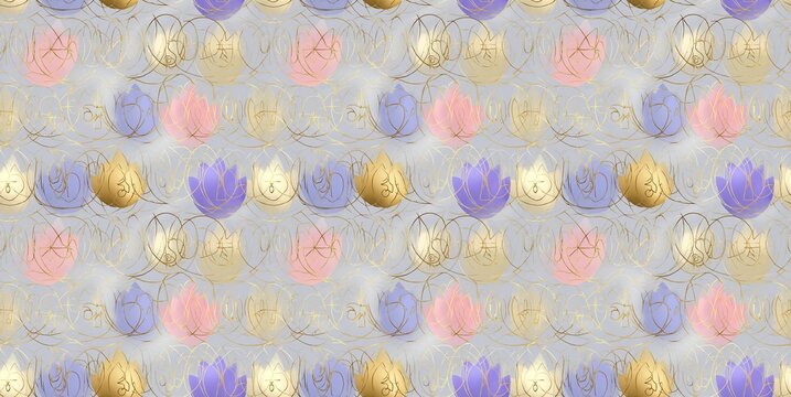 Seamless pattern featuring sacred Indian symbols like the om sign and lotus, enhanced by subtle golden outlines on a pastel backdrop