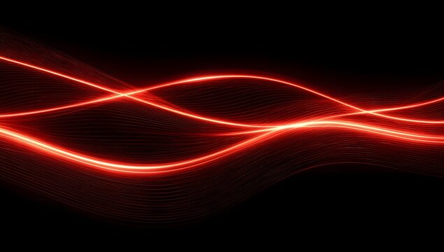 Abstract glowing red wavy lines with a dark background representing energy flow data transmission or futuristic digital art