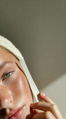 Young caucasian female using dermaplaning tool for skincare routine