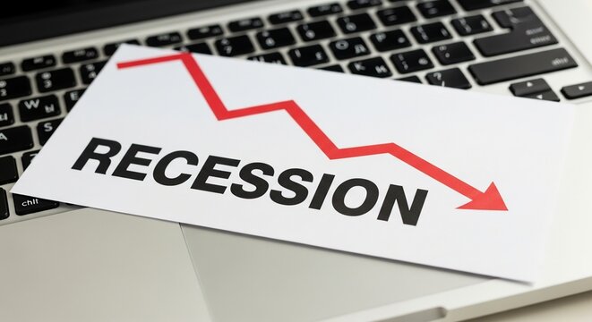 A paper with the word Recession and a red downward arrow graph resting on a laptop keyboard, symbolizing an economic downturn.