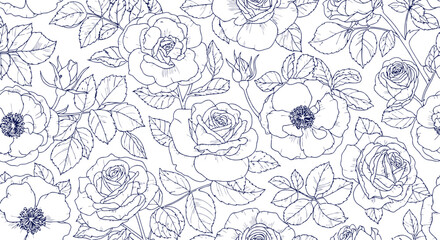 Elegant Floral Pattern with Dark Blue Roses and Leaves on Black