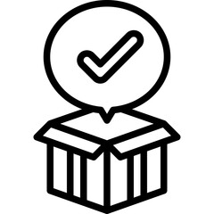 Open black line art box with check mark symbol inside speech bubble indicating successful delivery and fulfillment on transparent background