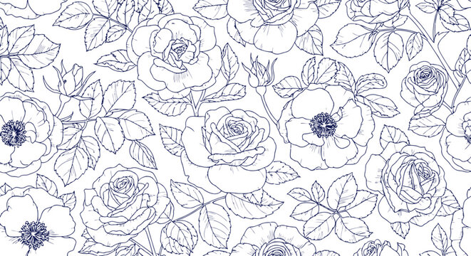 Elegant Floral Pattern with Dark Blue Roses and Leaves on Black