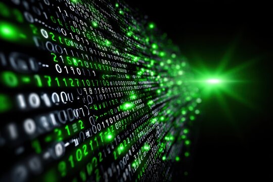 Digital matrix with glowing green binary code in dark background creating a futuristic atmosphere - Powered by Adobe