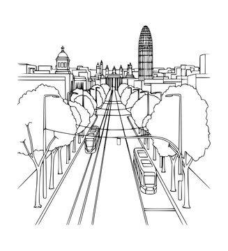 Avinguda Diagonal in Barcelona. Line Art.