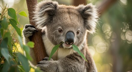 Naklejka premium Charming koala portrait amidst lush eucalyptus foliage in serene setting