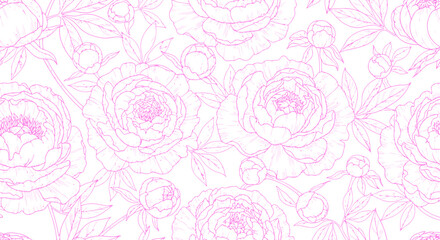 Vibrant Pink Peony Flowers on Black Background Seamless Pattern Design