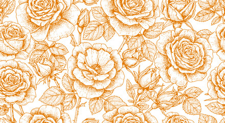 Seamless vintage rose pattern in orange on a black background