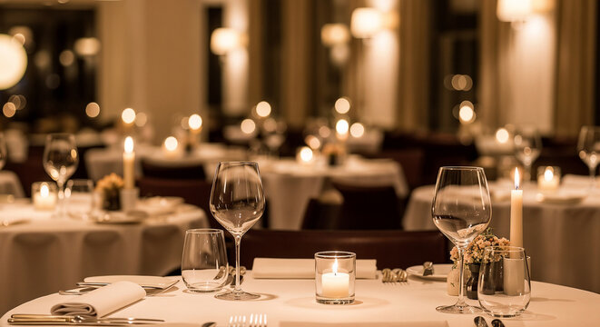 Elegant fine dining restaurant interior with cozy lighting and refined table setup.