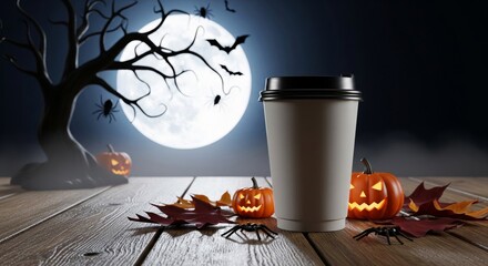 Halloween Coffee Cup on Wooden Table with Full Moon Bats and Jack O Lanterns