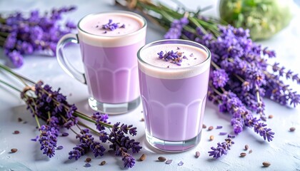 Two glasses of lavender latte surrounded by fresh lavender sprigs, aesthetically arranged