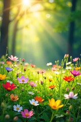 Fototapeta premium Sunlight dapples a vibrant spring meadow bursting with wildflowers, creating a tranquil and idyllic scene Perfect for nature, springtime, and environmental themes , peaceful, plant, growth