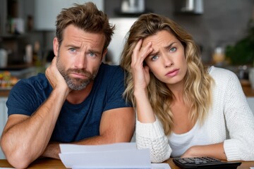 Couple expressing concern about finances while sitting at a kitc