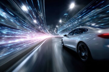 White sedan speeds through a futuristic city at night with vibrant light trails