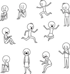 A collection of handdrawn stick figures expressing sadness crying and despair in various poses.