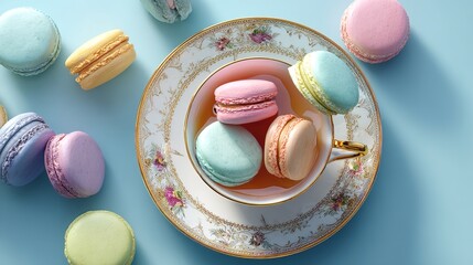 An elegant tea party with pastel macarons in a vintage floral teacup offering a sweet treat in soft ambient lighting on