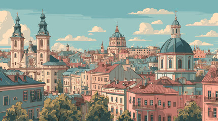 Fototapeta premium Cityscape of lviv, city in Ukraine, attractive touristic advertisement poster, beautiful touristic must-see destination. Beautiful tourist destination, in eastern central europe. Historic buildings, 