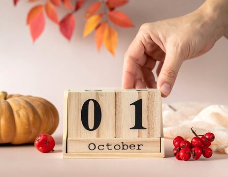 Hand reaching for October 1st on a wooden calendar