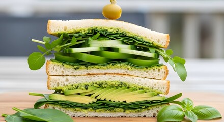 Healthy Green Sandwich Stack with Avocado and Cucumber.