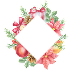 A watercolor Christmas or New Year card with a central place for the text. There are festive elements on the sides: branches of needles, firs bright balls, cones, gift boxes with bows, poinsettia