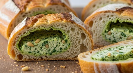 Freshly Baked Bread with Pesto Filling, Delicious Food Close Up.