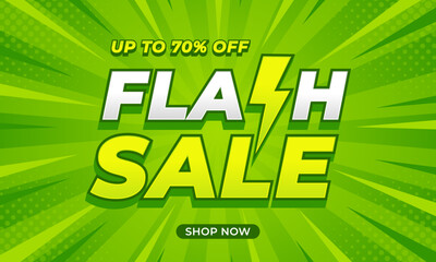 Abstract green comic sunburst background with halftone, Flash Sale banner template design, up to 70% off, suitable for sales promotion, marketing ads, e-commerce, events, pages, and websites