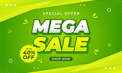 Mega Sale banner with abstract green gradient background and geometric shapes, up to 40% off, modern template design for sales promotion, marketing ads, e-commerce, events, pages, and websites