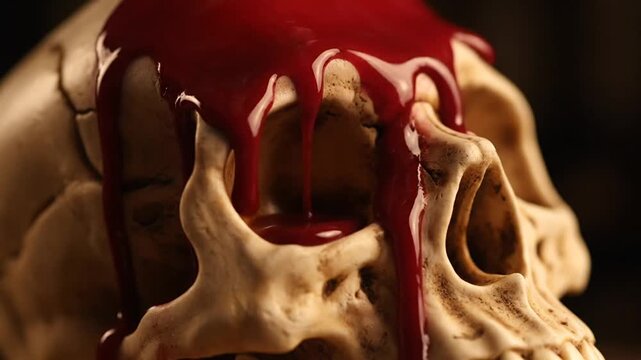 Close-up of a human skull with a red candle drip on the top, dark background, macabre and Gothic artistic composition