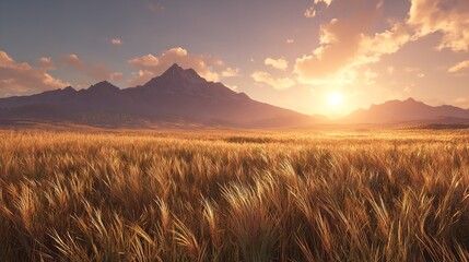 A serene golden field swaying gently under a mountain sunset creating a tranquil scene of nature s beauty in warm vivid