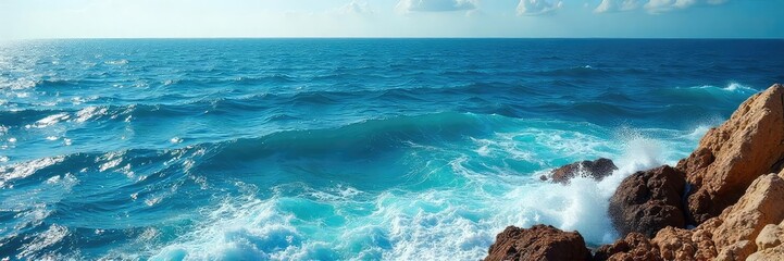 Vast expanse of deep blue ocean, waves crashing against a rocky shore, sunlight reflecting on the water's surface Perfect for travel, nature, and environmental themes , seascape, peaceful, sun