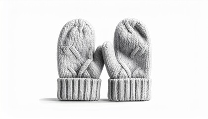 Pair of light gray knitted mittens with ribbed cuffs placed side by side on a white background